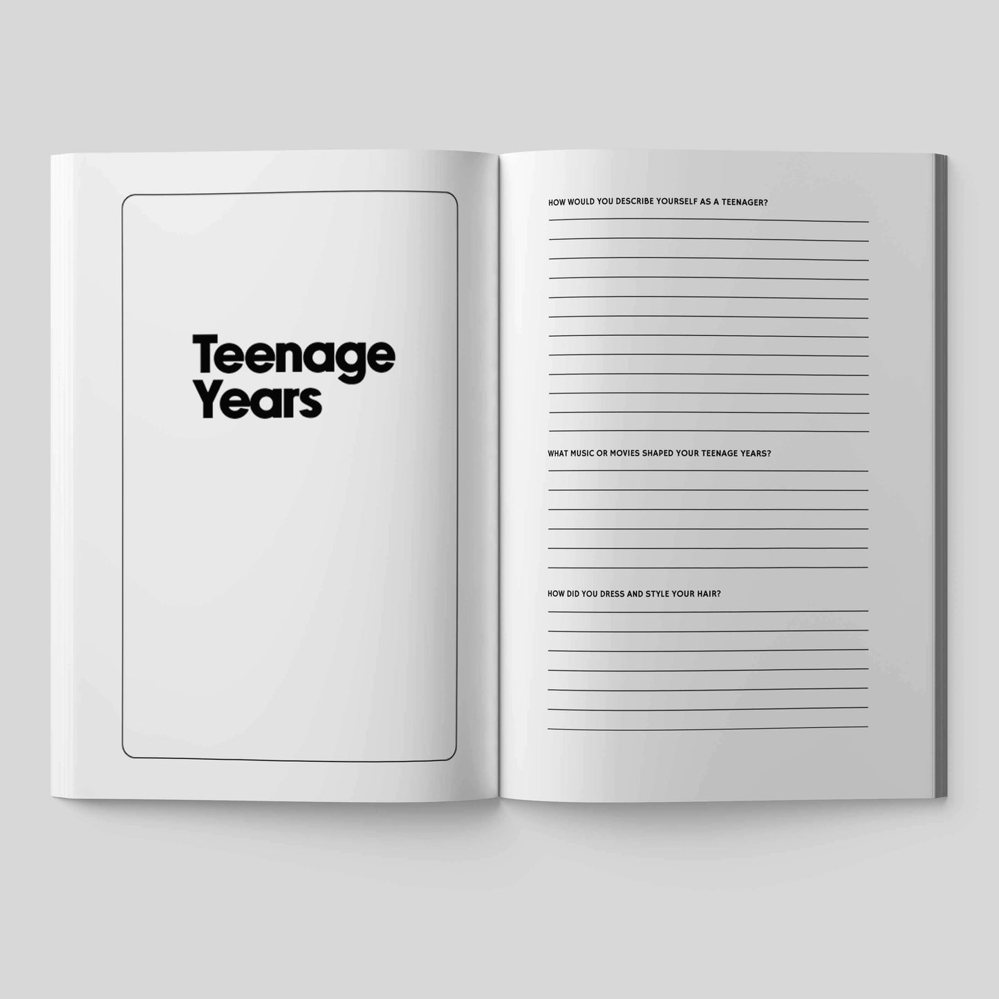 Open guided journal page titled 'Teenage Years' with prompts for personal reflections.