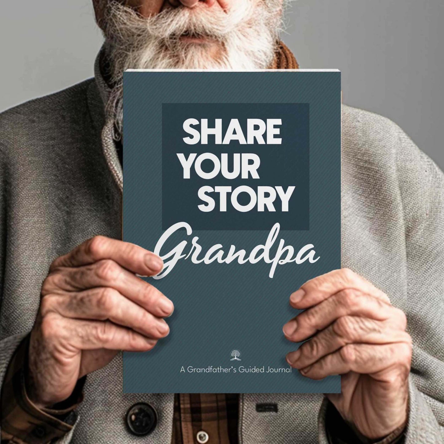 Guided journal 'Share Your Story Grandpa' held by an elderly man with a beard, perfect for preserving grandfathers' life stories.