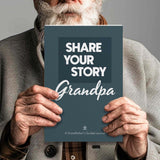 Guided journal 'Share Your Story Grandpa' held by an elderly man with a beard, perfect for preserving grandfathers' life stories.