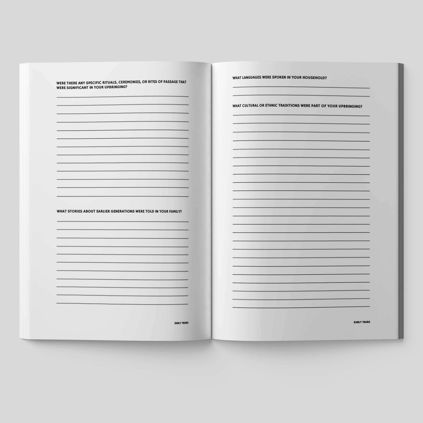 Open pages of 'Share Your Story Grandpa' journal with prompts for capturing grandfather's life stories.