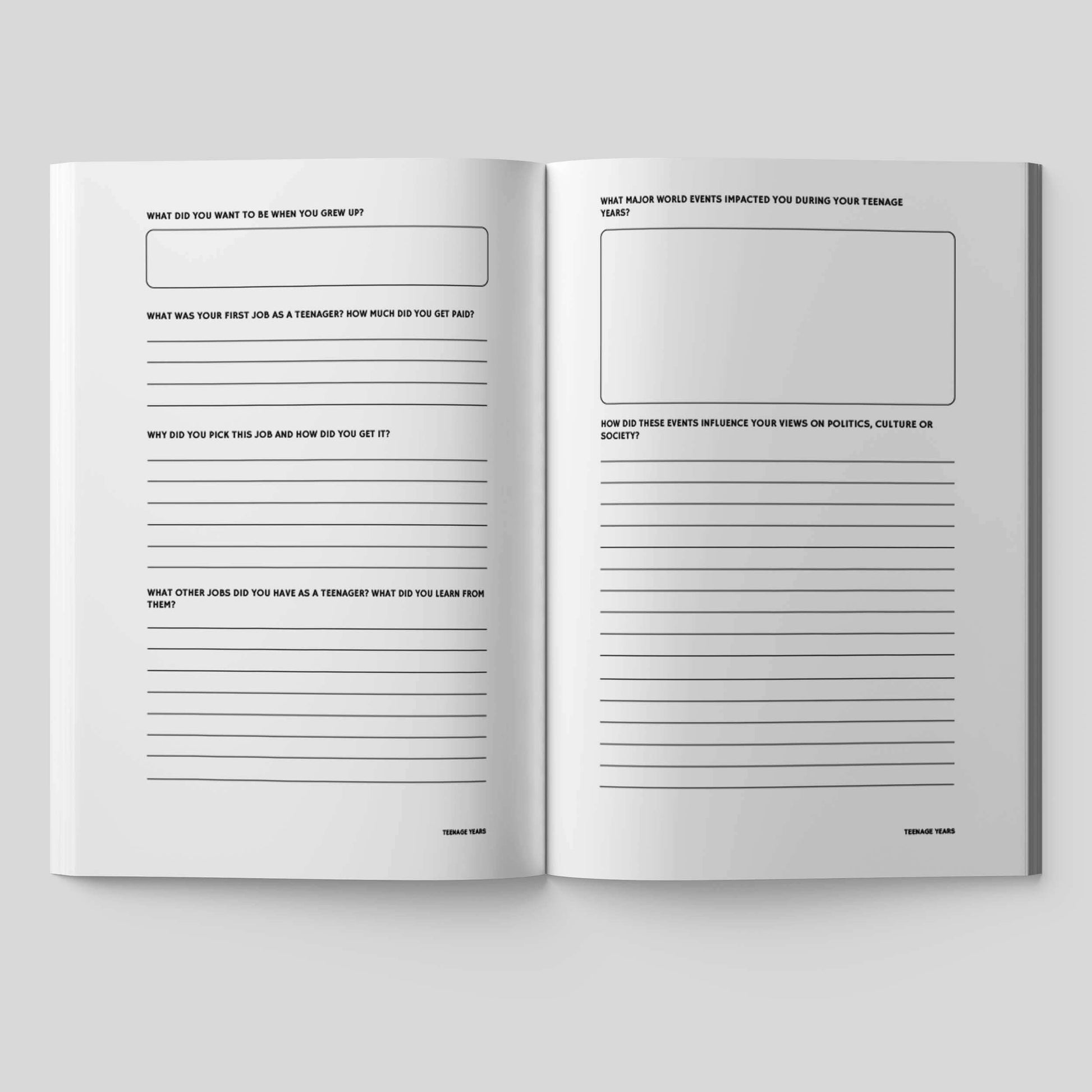Open pages of 'Share Your Story Grandpa' journal showing guided prompts for capturing memories.