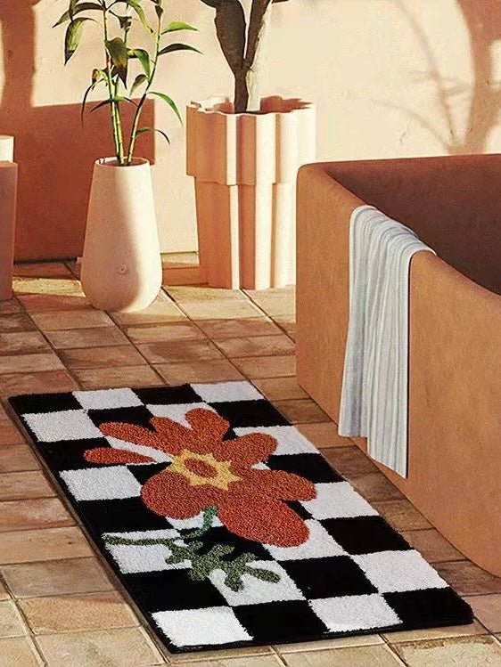 Soft Contemporary Floral Checker Bath Rug, Absorbent, Anti-slippery Mat