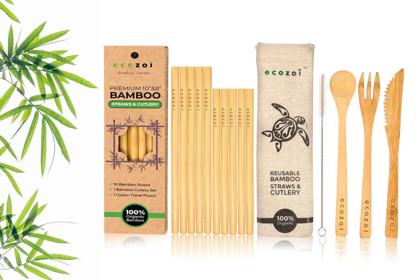 Organic Bamboo Straws and Cutlery Set with Cotton Travel bag by ecozoi