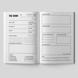 Two open pages of a guided journal for recording theatre experiences and reflections.