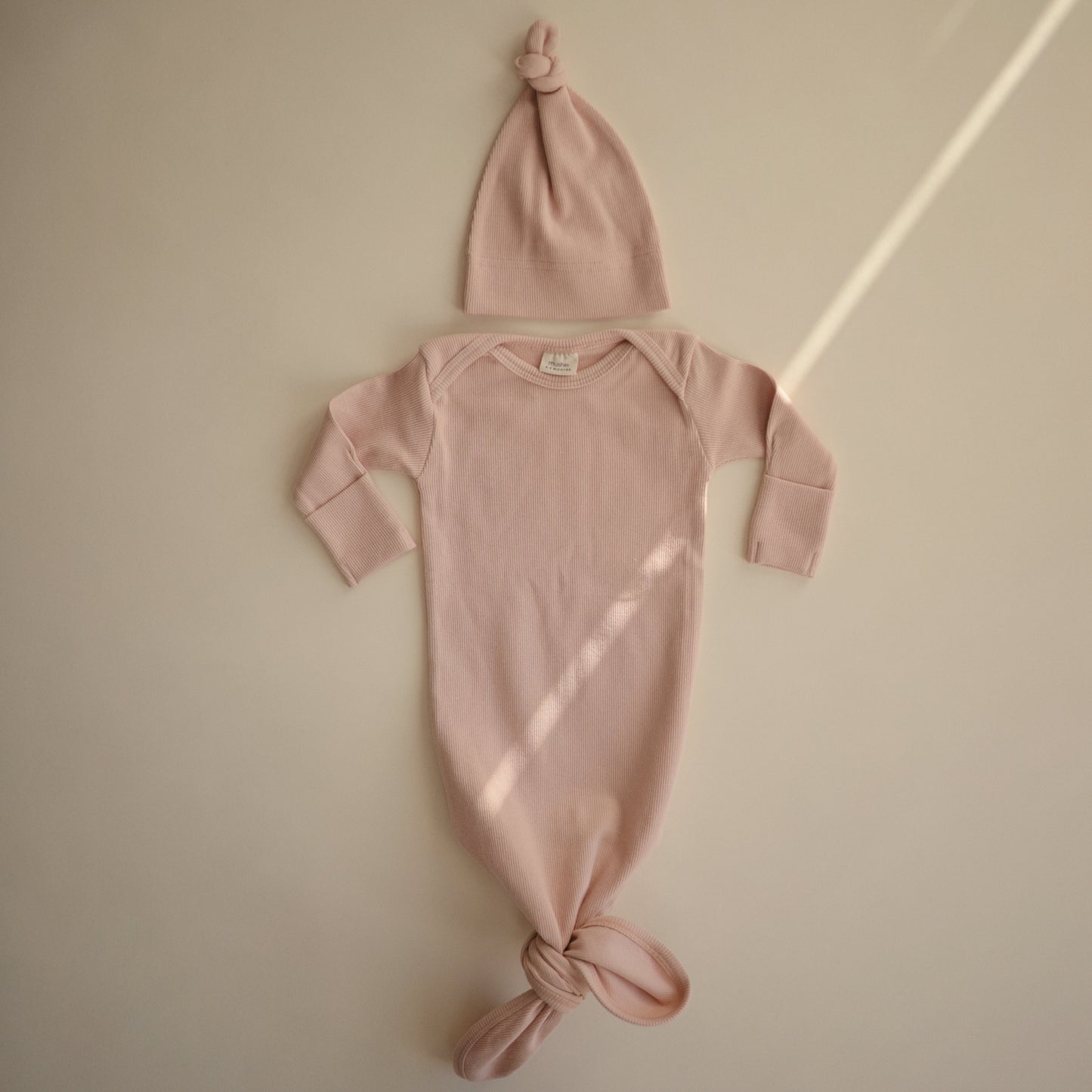 Ribbed Knotted Baby Gown + Beanie