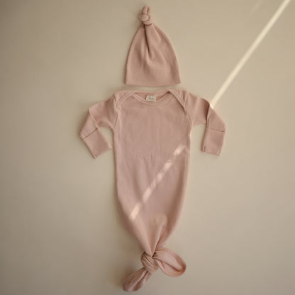 Ribbed Knotted Baby Gown + Beanie