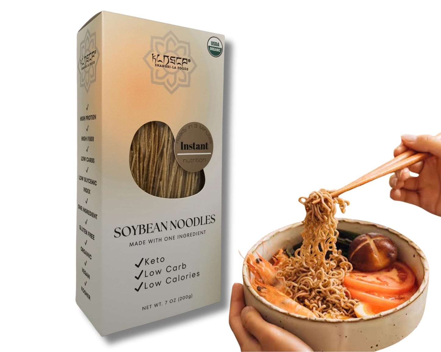 KLDSCP Superamen™ - Organic Soybean Instant Noodles - High Protein, Keto Friendly, Gluten-Free, Vegan, Non-GMO, Kosher, Low Carb, Plant-Based Bean Noodles - (1 Box of 200g)