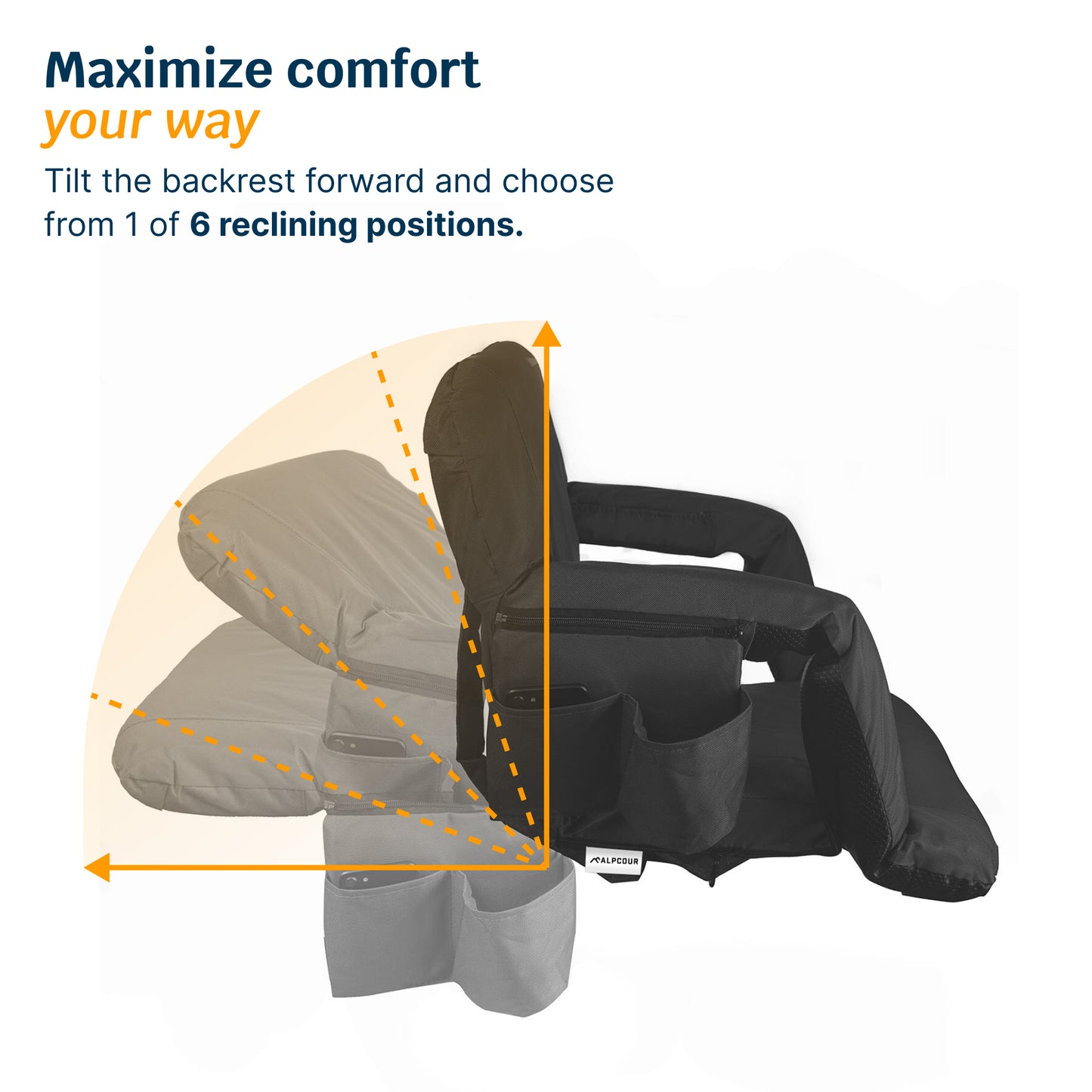 Reclining Stadium Seat with Armrests and Side Pockets