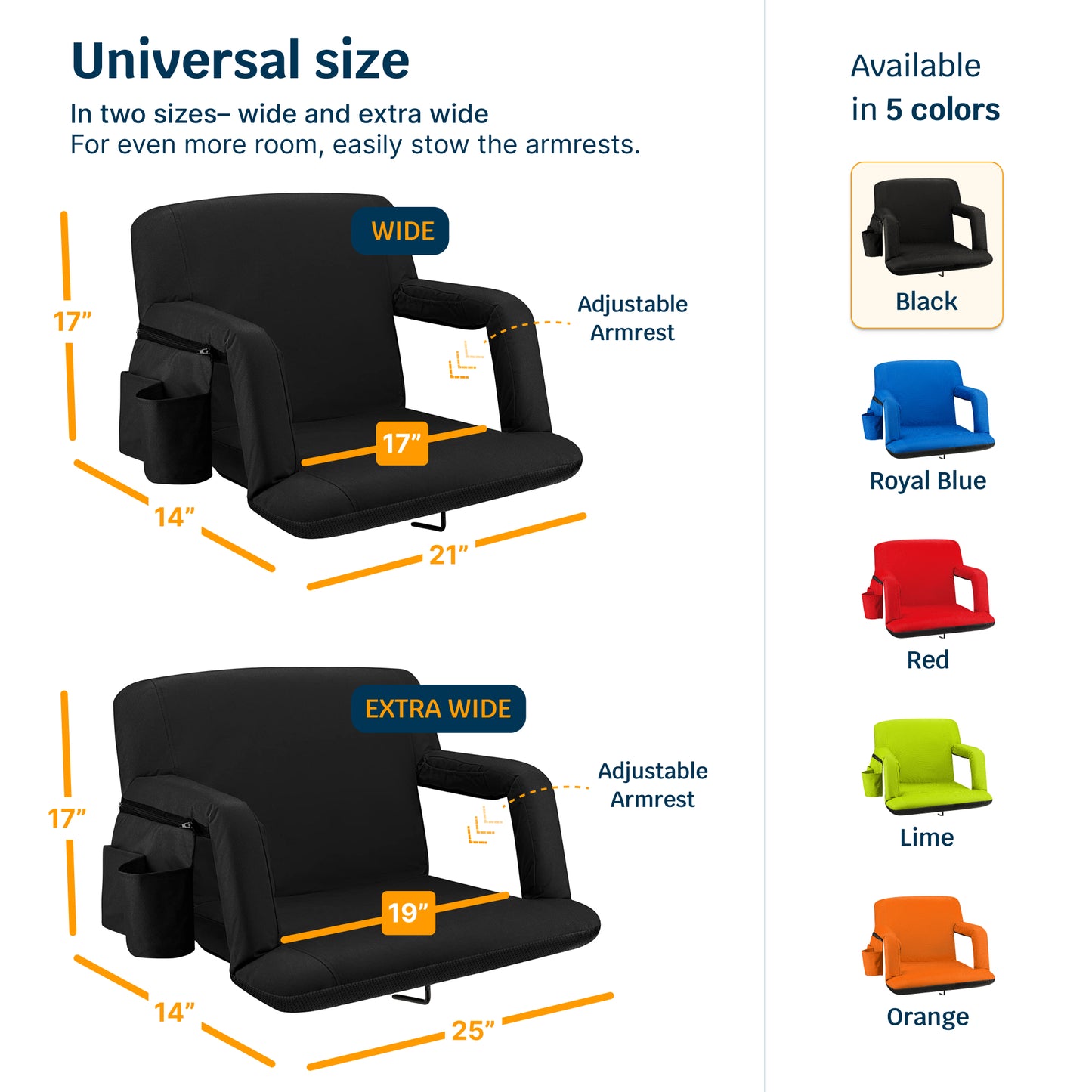 Reclining Stadium Seat with Armrests and Side Pockets