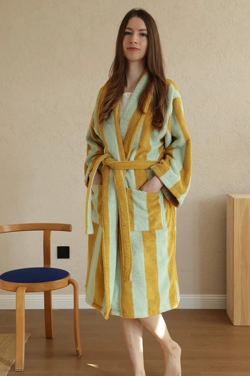 Vintage Stripe 100% Cotton Bathrobe - Soft Absorbent Resort Style Lounge Robe