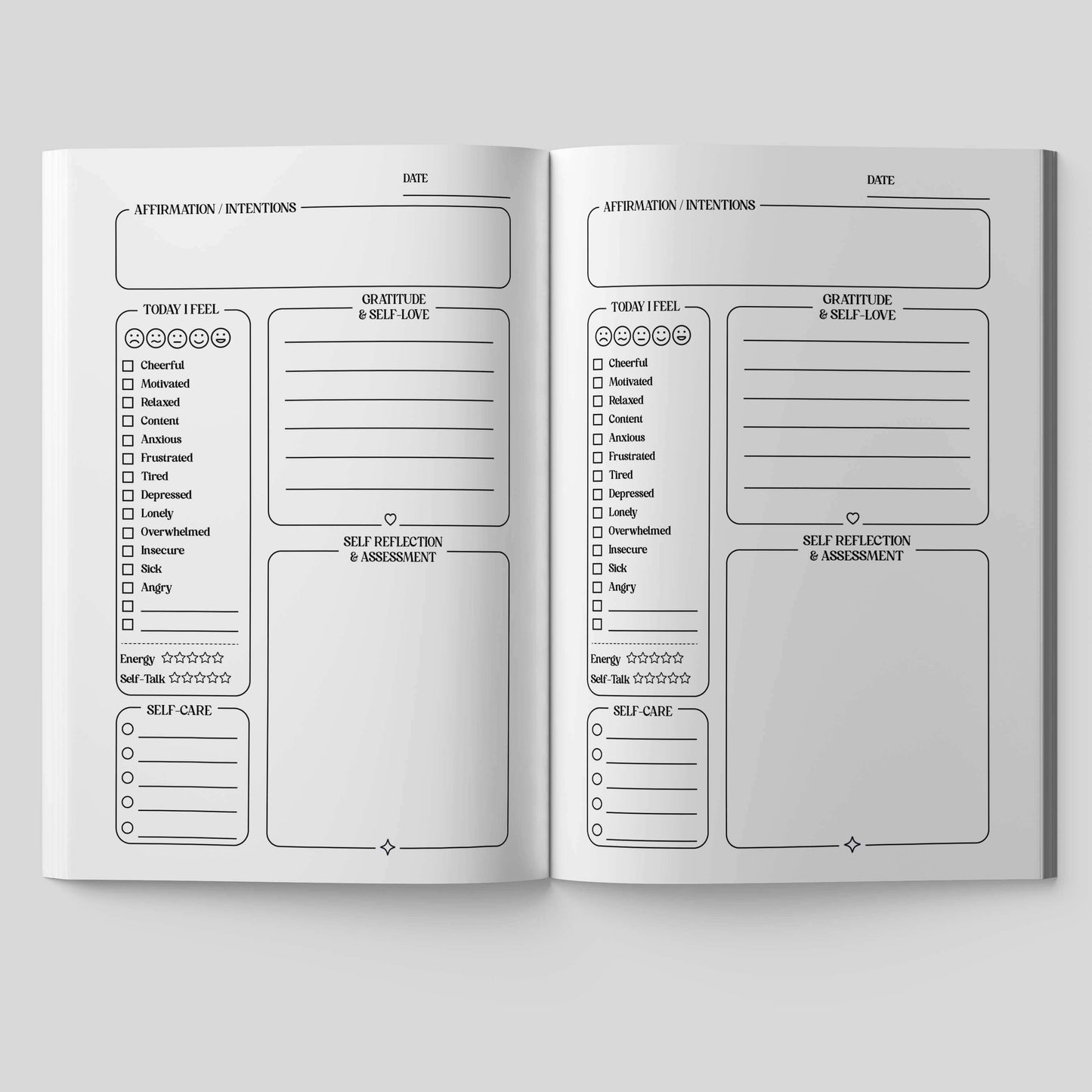 Open pages of Wellness Remembered Mental Health Journal showcasing daily mindfulness, gratitude, self-care, and self-reflection prompts.