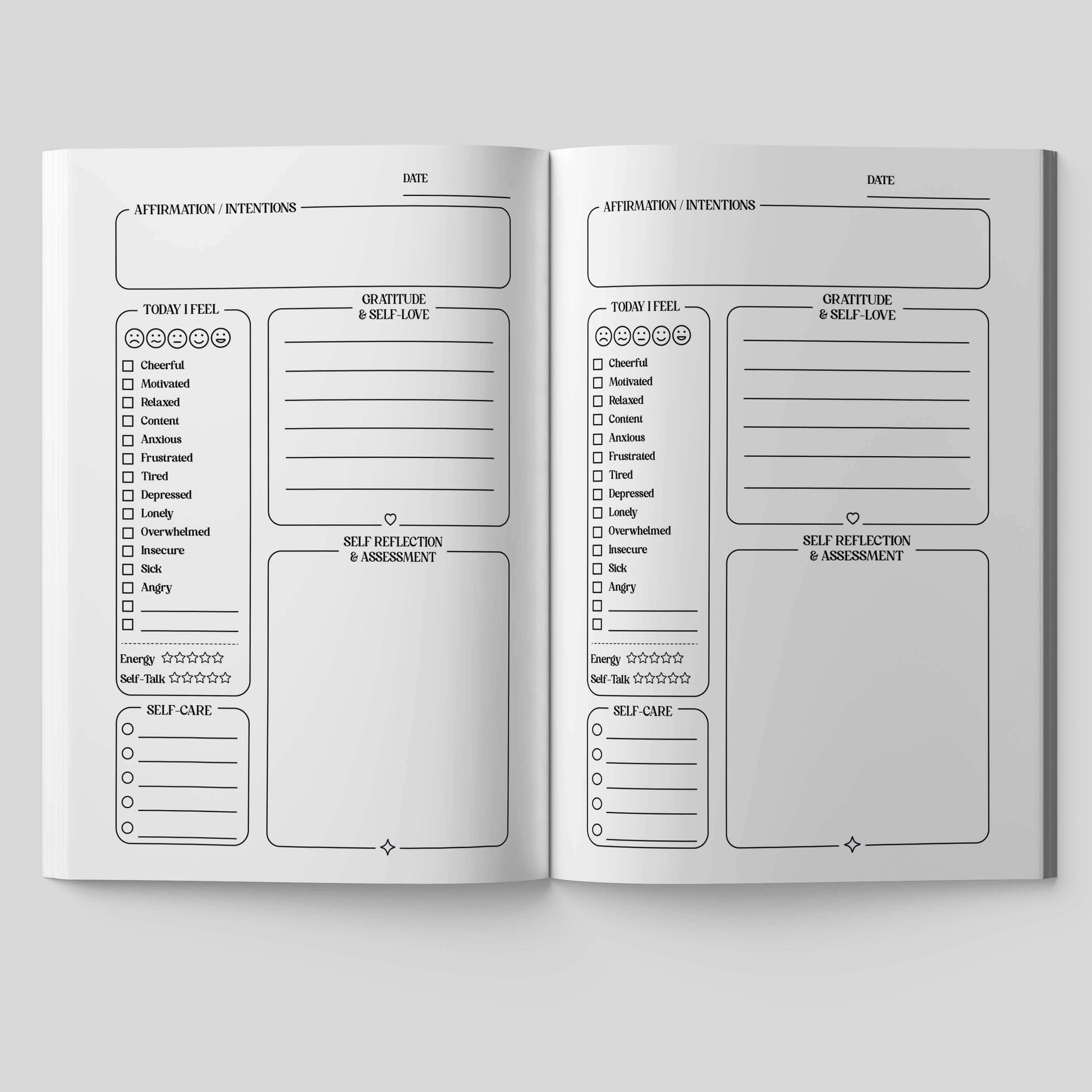 Open pages of Wellness Remembered Mental Health Journal showcasing daily mindfulness, gratitude, self-care, and self-reflection prompts.