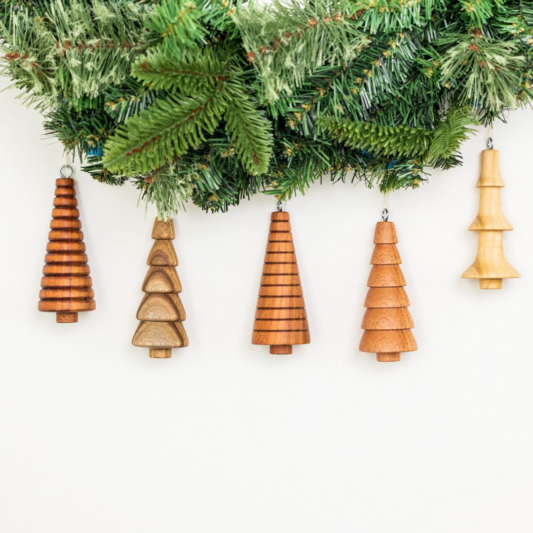 Reclaimed Wood Tree Ornaments - Set of 5 by Upavim Crafts