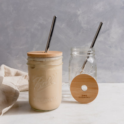 Mason Jar Kit- Mason Jar, Bamboo Lid, Stainless Steel Straw